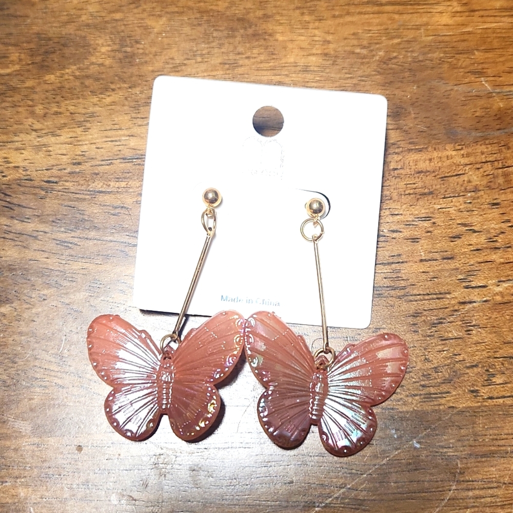 NWT Drop Gold and Pink Butterfly Earrings